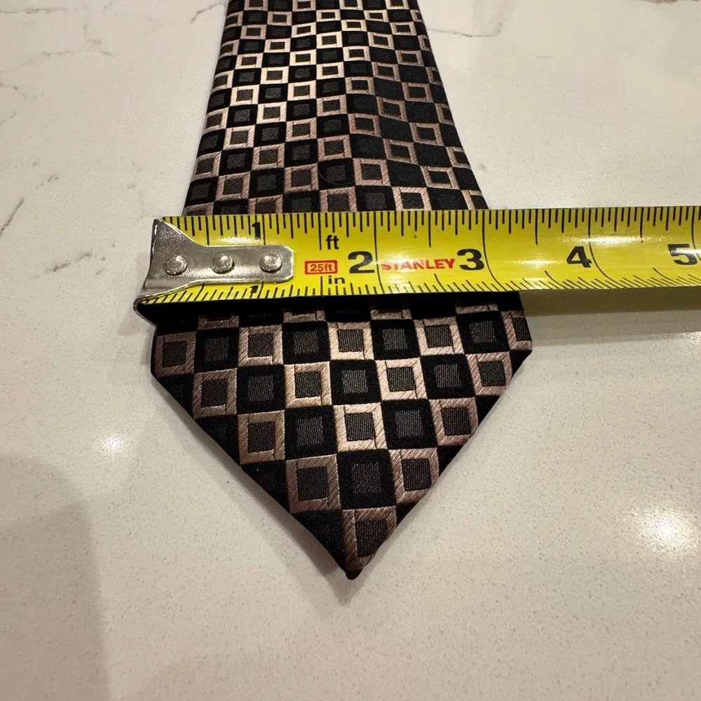 Kenneth Cole Reaction Men Silk Necktie Black Bronze Geometric Square Pattern Tie